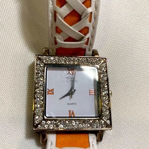 Orange/white laced, genuine leather band, crystal lined watch